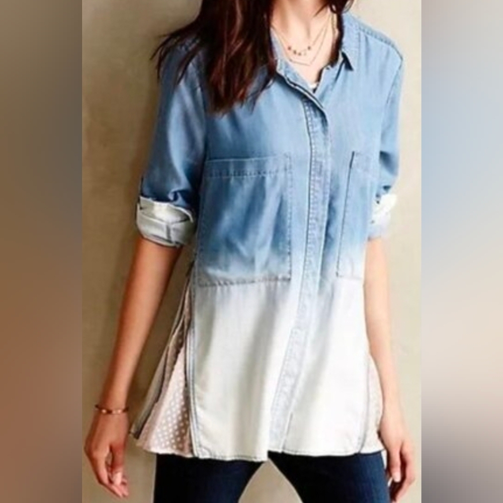 Anthropologie Holding Horses Ombre Chambray Buttondown W/ Side Zip Detail 12